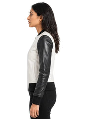 Women's sheepskin leather varsity jacket, collar detail