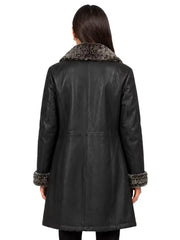 Women's black leather shearling leather jacket, back view