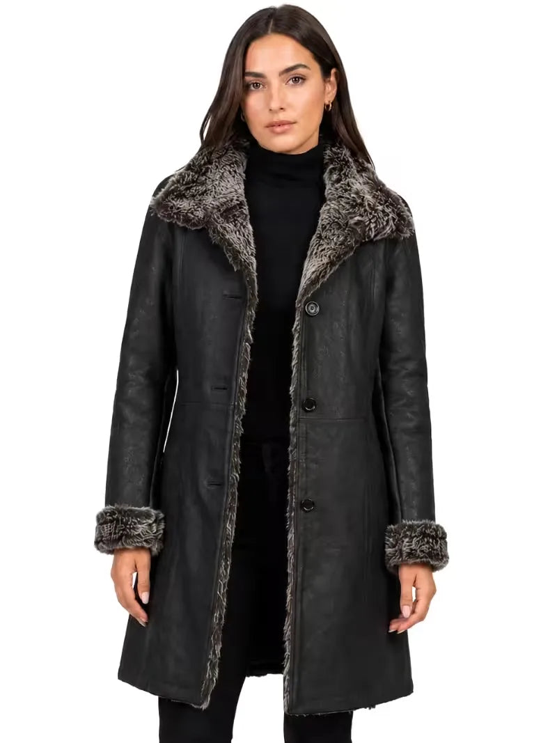 Women's black leather shearling leather jacket, front view