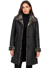 Women's black leather shearling leather jacket, front view