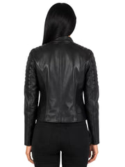 Women's black premium real leather jacket, back view