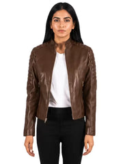 Women's black premium real leather jacket, side view