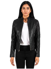 Women's black premium real leather jacket, front view