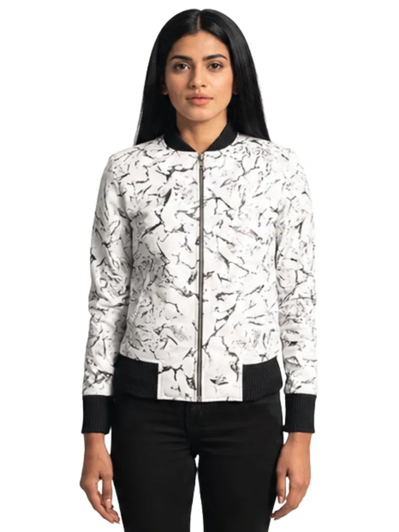 Women's white sheepskin leather jacket, front view