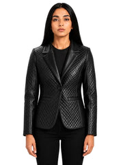 Women's black sheepskin leather blazer, front view