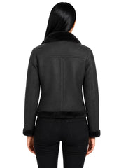 Women's black leather shearling leather jacket, back view