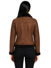 Women's black leather shearling leather jacket, collar detail