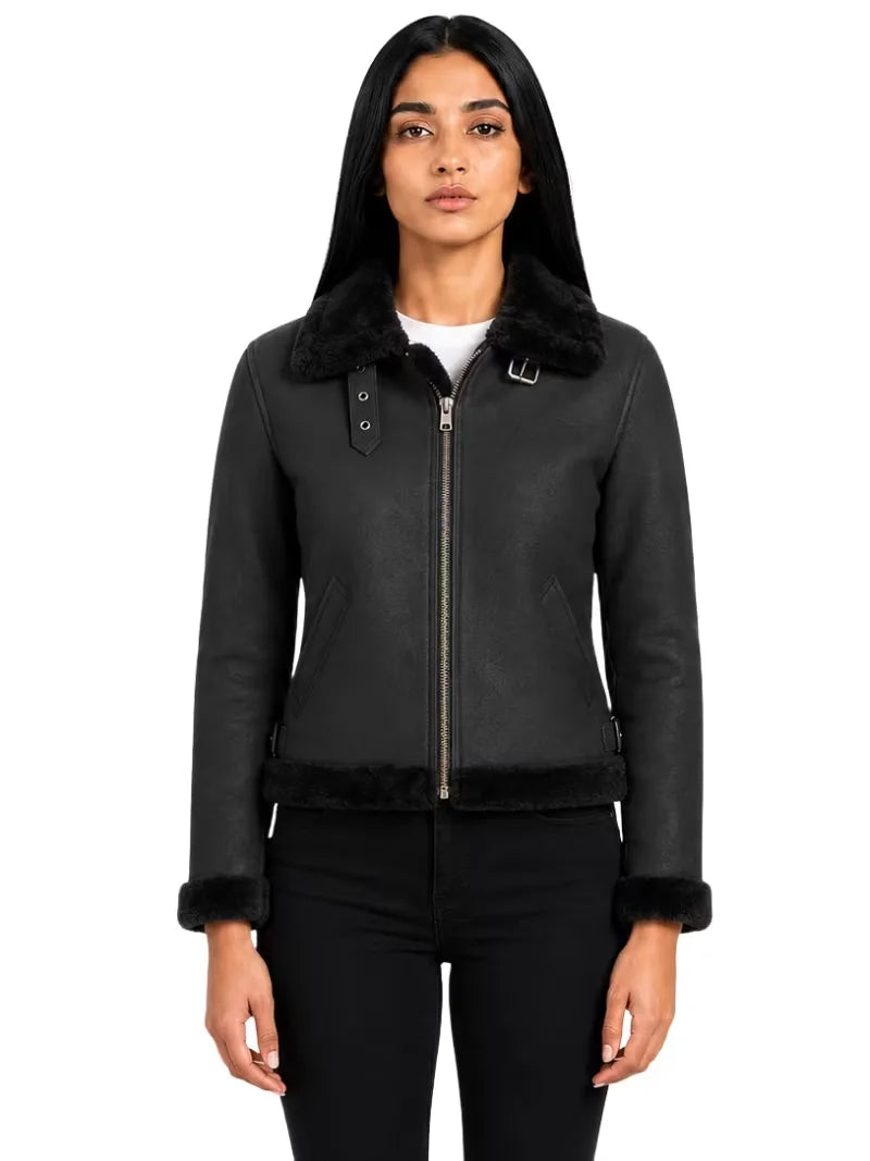 Women's black leather shearling leather jacket, front view
