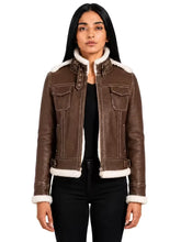 Women's black leather shearling leather jacket, side view