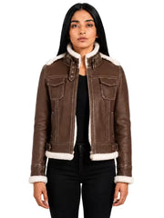 Women's black leather shearling leather jacket, side view