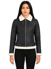 Women's black leather shearling leather jacket, front view