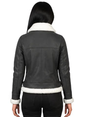 Women's black leather shearling leather jacket, back view