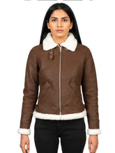 Women's black leather shearling leather jacket, side view