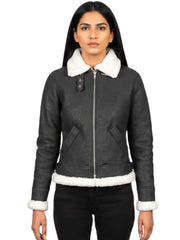 Women's black leather shearling leather jacket, front view