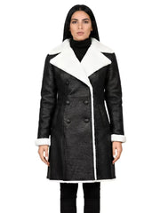 Women's black leather shearling leather jacket, front view