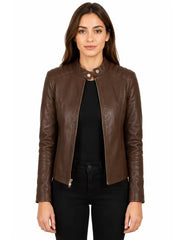 Women's black sheepskin leather jacket, side view