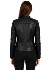 Women's black sheepskin leather jacket, back view