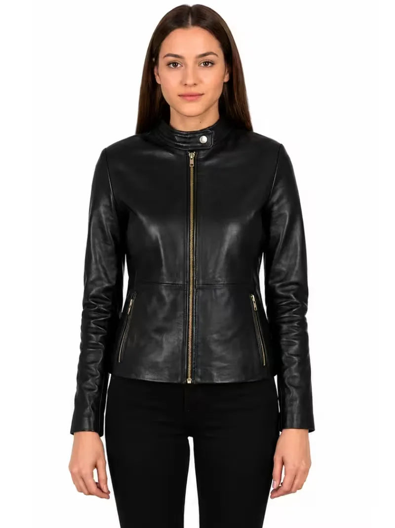 Women's black sheepskin leather jacket, front view