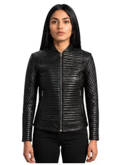 Women's black sheepskin leather jacket, front view