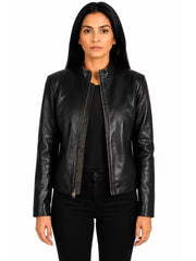 Women's as shown sheepskin leather jacket, front view
