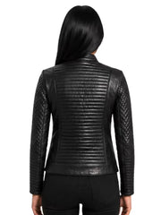 Women's black sheepskin leather jacket, back view