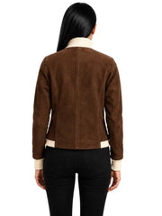 Women's sheepskin suede bomber jacket, collar detail