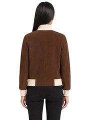 Women's black sheepskin suede leather jacket, collar detail