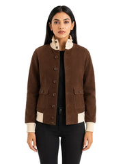 Women's black sheepskin suede leather jacket, side view