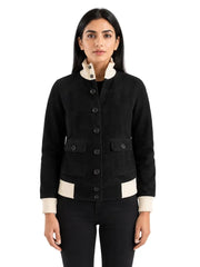 Women's black sheepskin suede leather jacket, front view