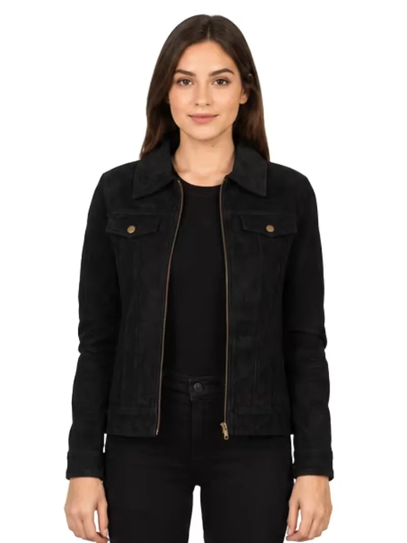 Women's black sheepskin suede leather shirt jacket, front view