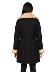Women's black leather shearling leather jacket, back view