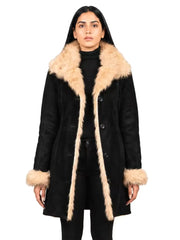 Women's black leather shearling leather jacket, front view