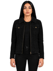 Women's black sheepskin suede leather jacket, front view