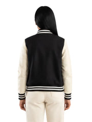 Women's black sheepskin leather varsity jacket, back view