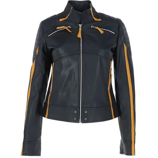 Womens Yellow Stripes Leather Jacket