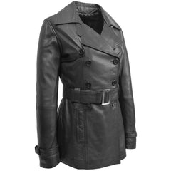 Black Leather Belted Trench Coat for Women