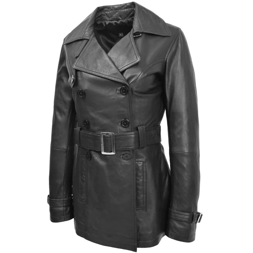 Black Leather Belted Trench Coat for Women