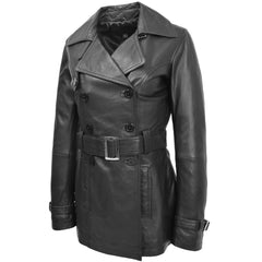 Black Leather Belted Trench Coat for Women