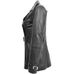Black Leather Belted Trench Coat for Women