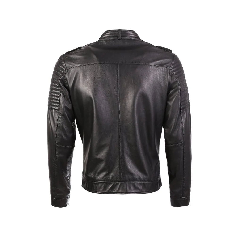 Black Leather Stylish Jacket with Quilted Shoulders