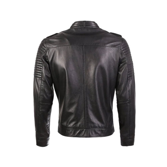 Black Leather Stylish Jacket with Quilted Shoulders
