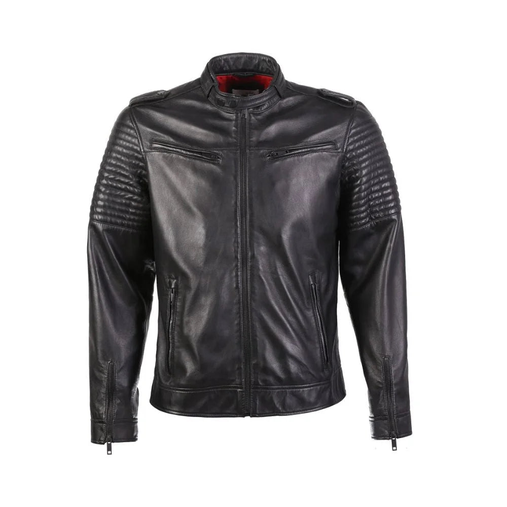 Black Leather Stylish Jacket with Quilted Shoulders