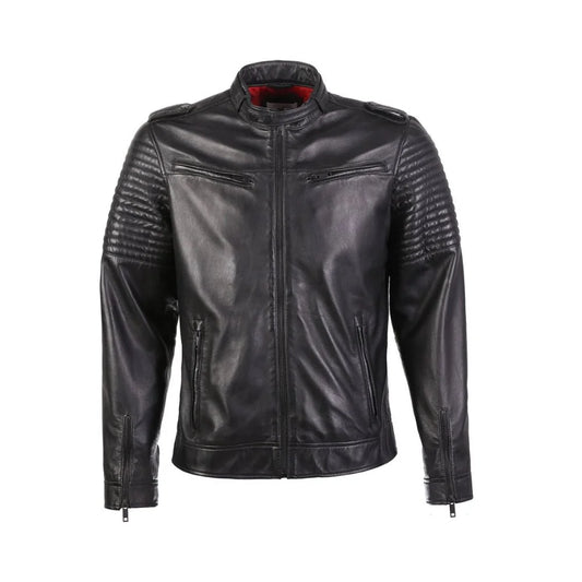 Black Leather Stylish Jacket with Quilted Shoulders