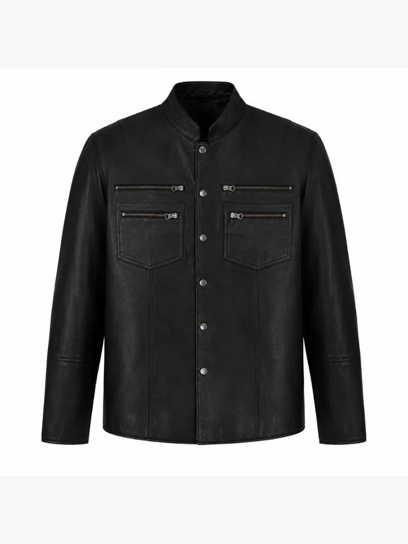 Black Leather Shirt Jacket for Men Front 