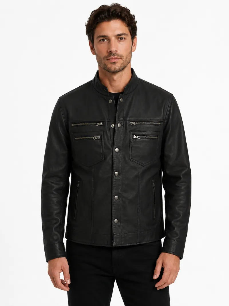 Black Leather Shirt Jacket for Men Full
