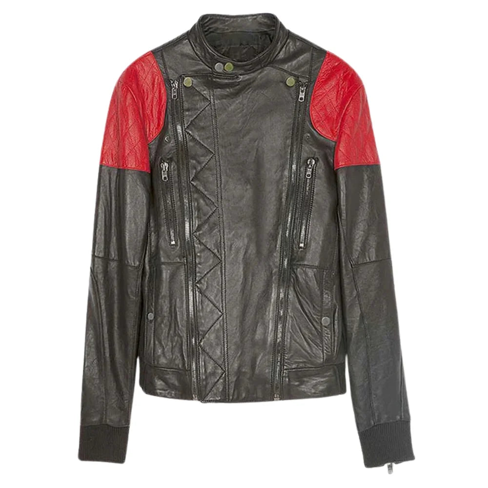 Black and Red Quilted Shoulder Leather Jacket