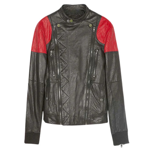 Black and Red Quilted Shoulder Leather Jacket