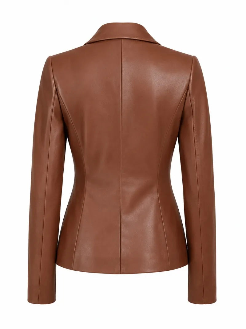 Brown Leather Blazer for Women Back 
