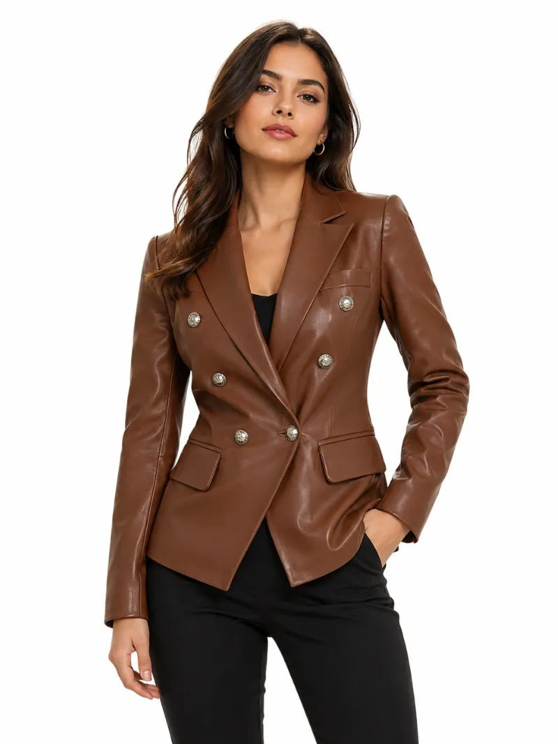 Brown Leather Blazer for Women Full