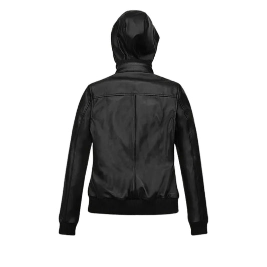 Casual Black Hooded Leather Jacket for Women